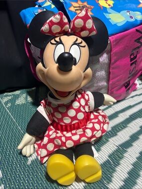 Vintage Disney Minnie Mouse Plush Doll in Red Polka Dot Dress Plastic face